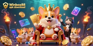 Winbox88 apk download offers seamless gaming access with a royal corgi and casino elements.