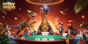 Experience the thrill of crazyvegas as a towering brontosaurus presides over an exciting poker scene.