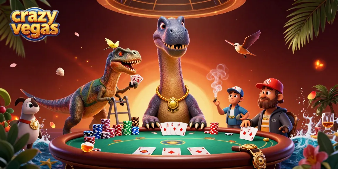 Experience the thrill of crazyvegas as a towering brontosaurus presides over an exciting poker scene.